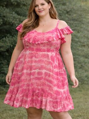 Torrid Pink Tie-Dye Ruffle Shoulder Dress Size 3